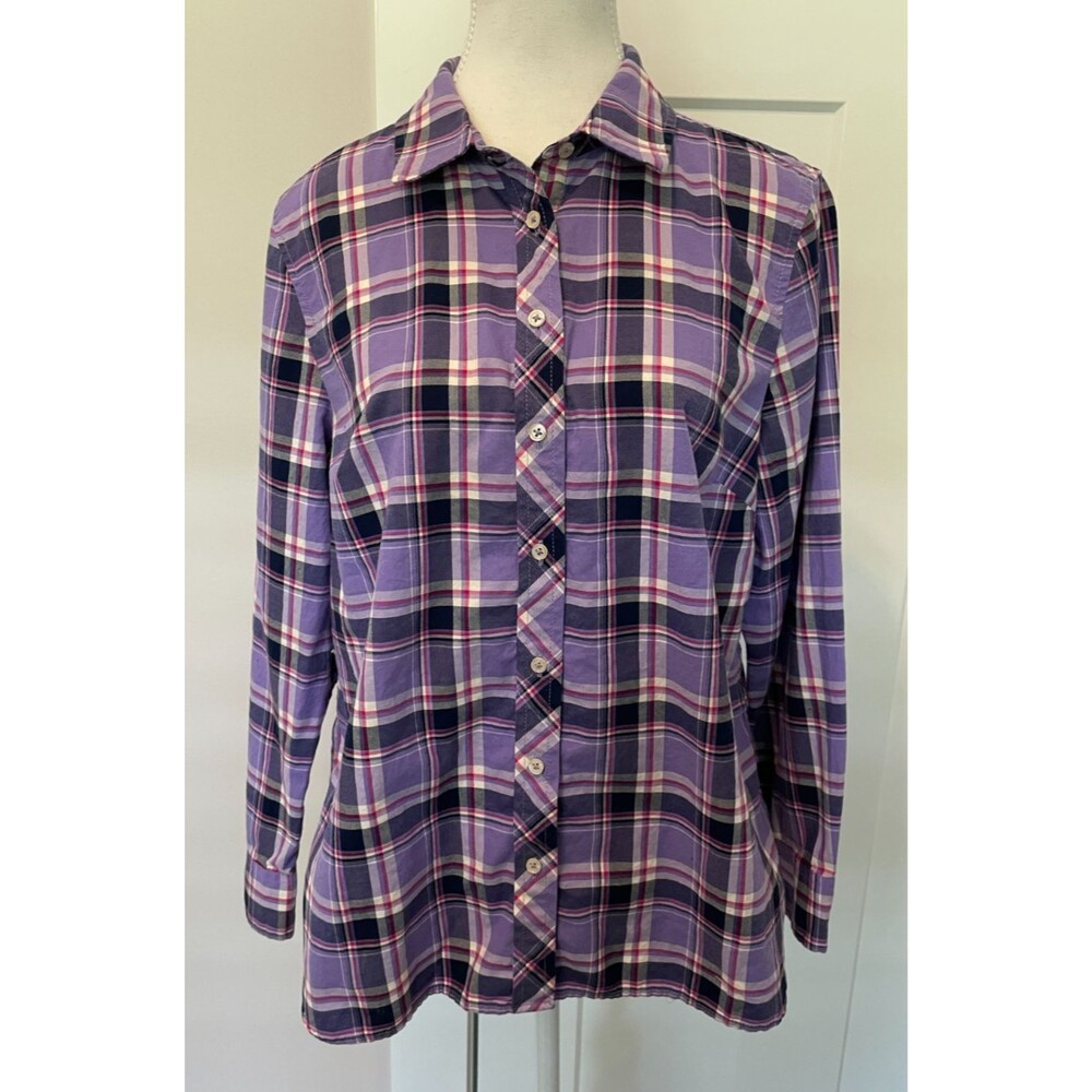 TALBOTS Womens Button TOP Long Sleeve PURPLE Blue Pink PLAID Size LP